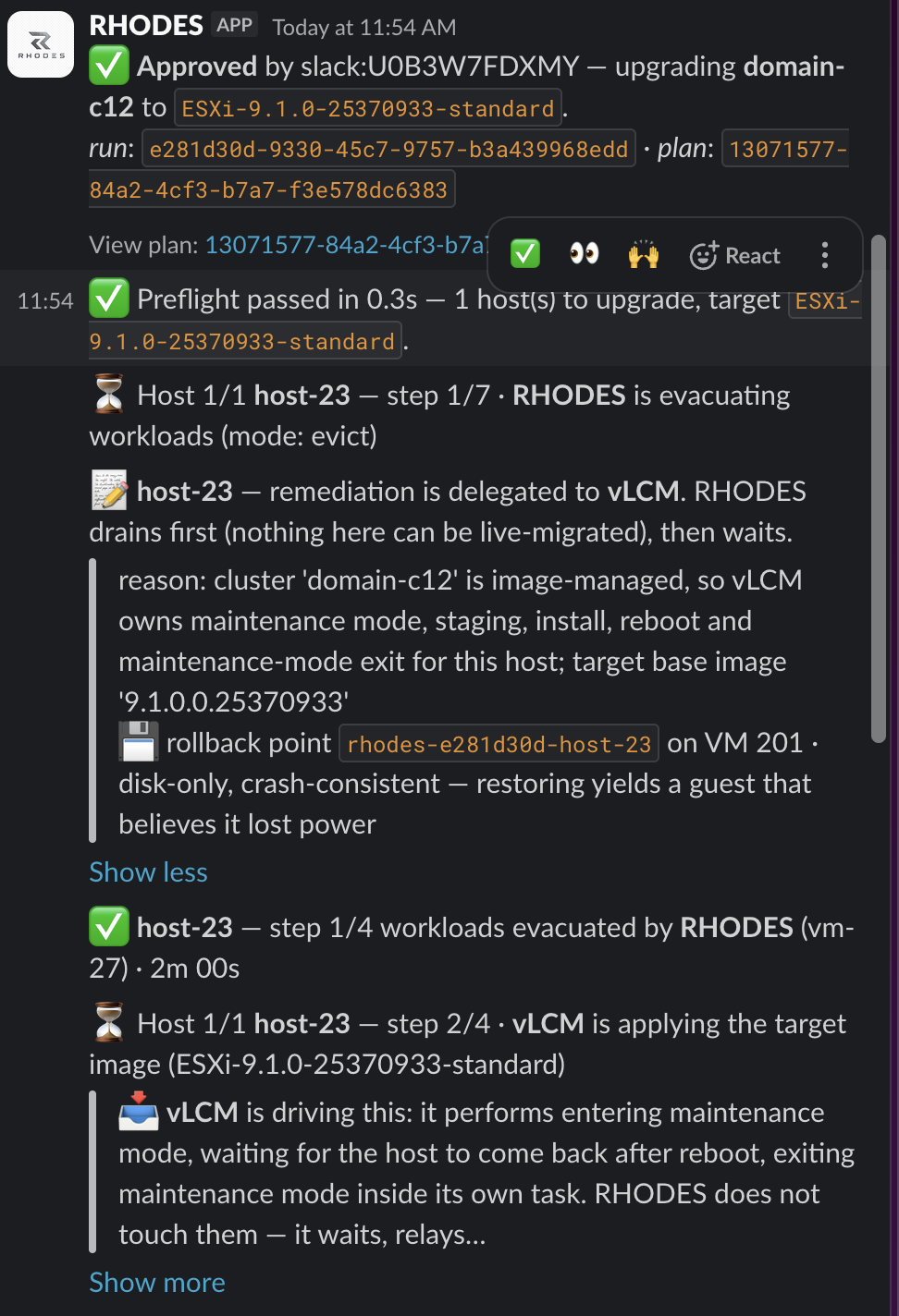 Slack thread showing the agent announcing that remediation is delegated to vLCM, that it drains first because nothing can be live-migrated, and naming the rollback point it took on the underlying virtual machine.