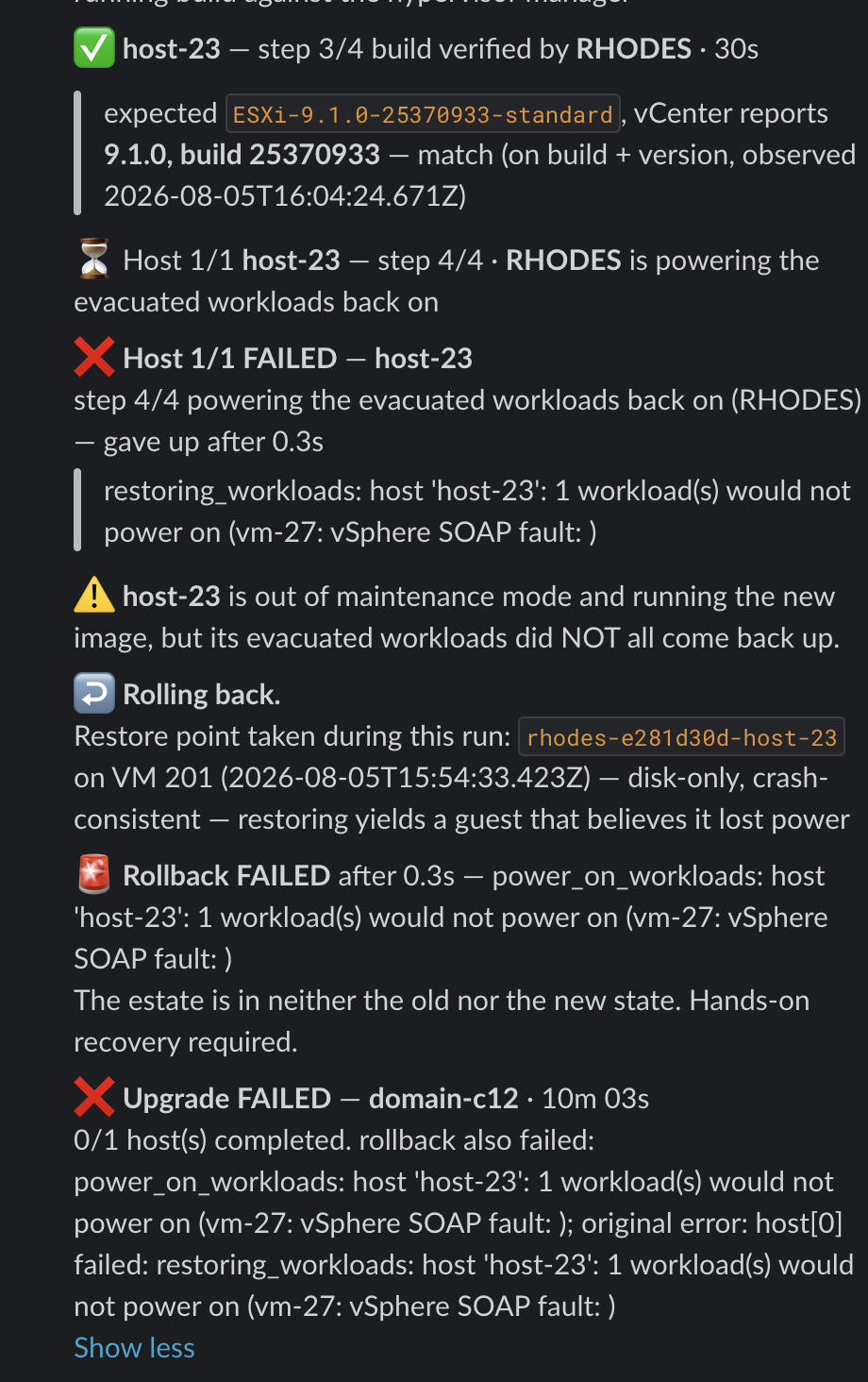 Slack thread showing the build verified against vCenter, then step four of four failing to power the workload back on, then the rollback failing for the same reason.