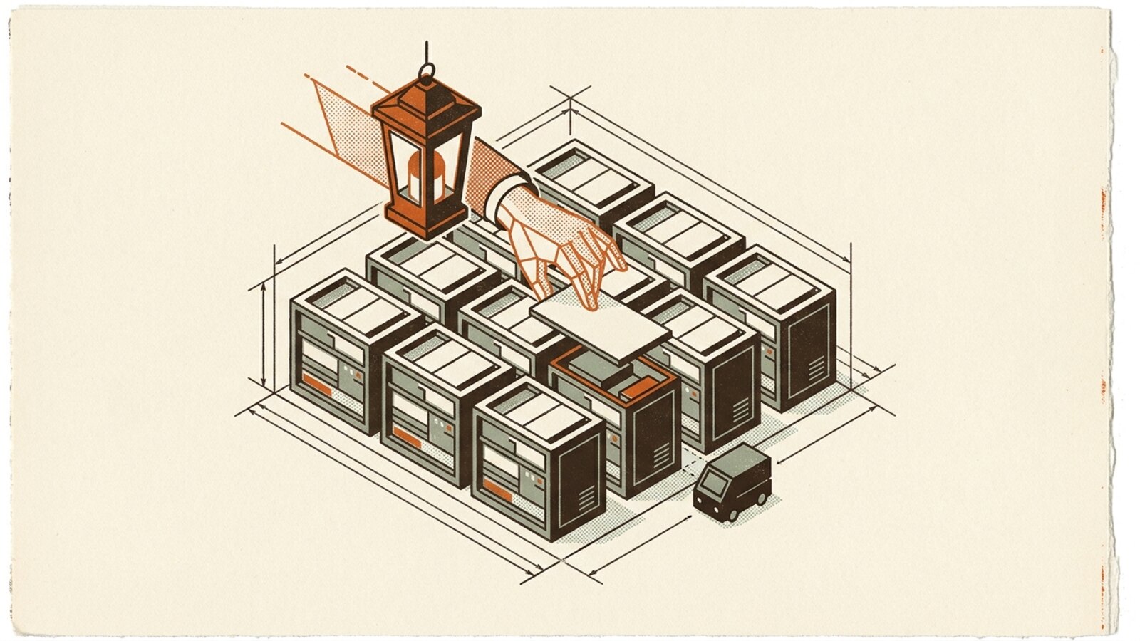 Isometric linework of an orchestrator above a small estate of servers, lifting the roof panel of one host while a single machine sits parked outside its slot, unable to get back in.
