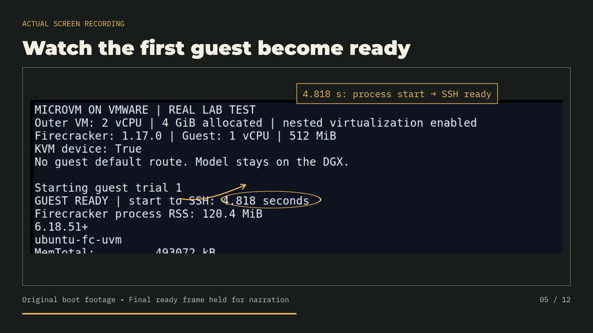 Recorded console with the first guest reaching SSH readiness in 4.818 seconds circled.