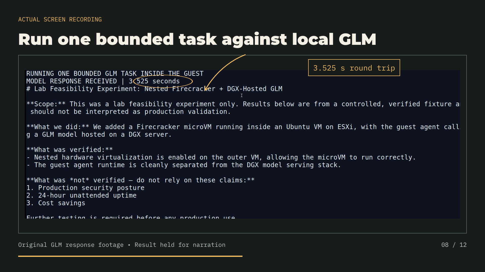 Recorded console showing the fixture summary returned by GLM and a 3.525-second round trip.
