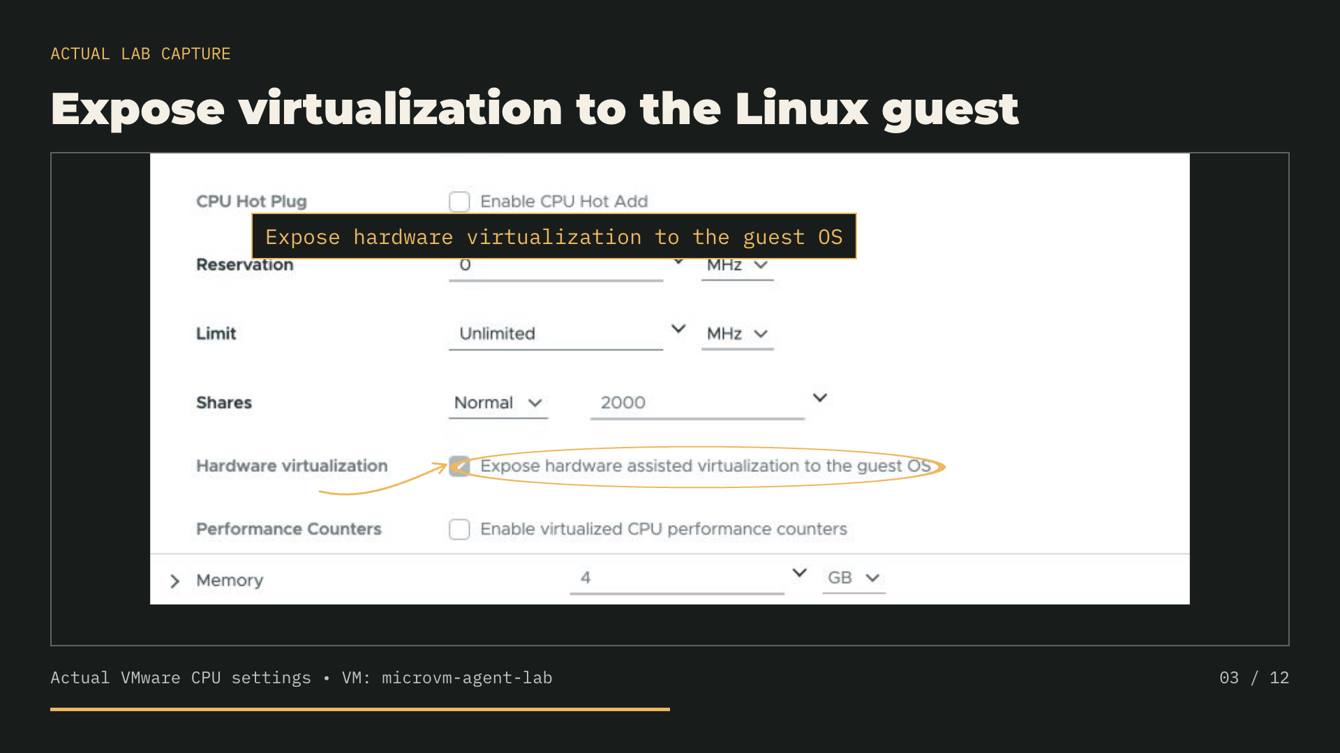 VMware CPU setting with nested hardware virtualization circled.