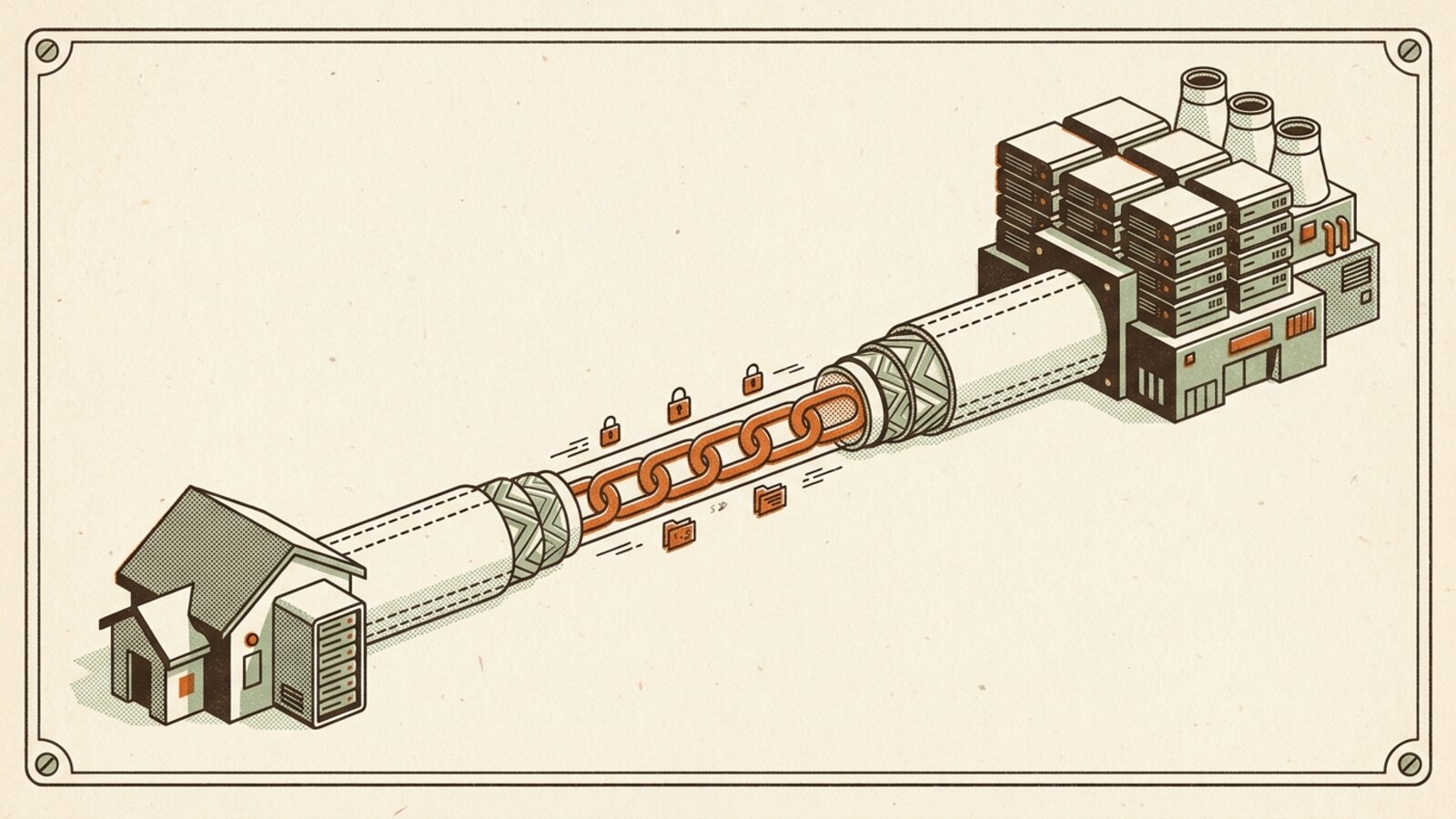 Isometric technical diagram: a home and its server joined to a distant data center through a single encrypted, padlocked channel, with empty negative space all around it.