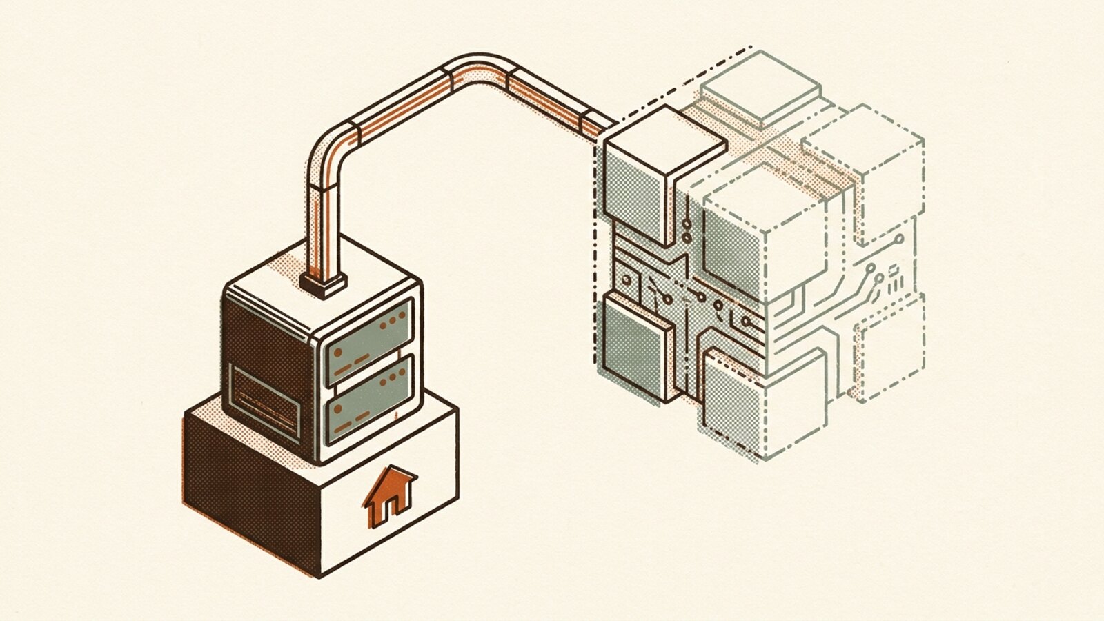 Isometric illustration of a solid home server rack piped out to a larger, dashed, temporary block of rented GPU compute, drawn to look provisional.