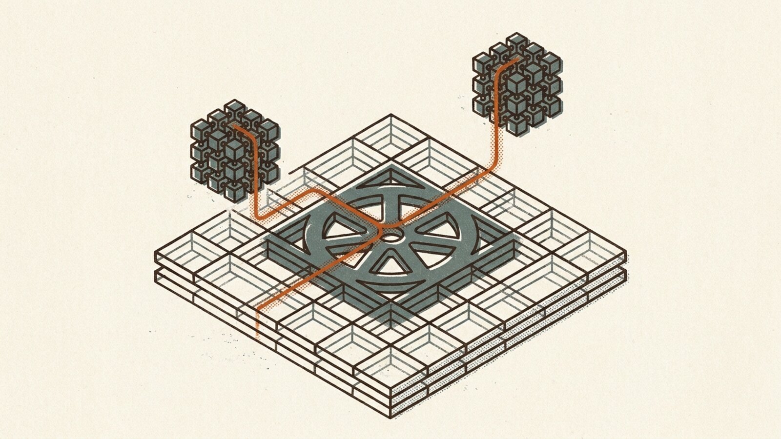Isometric risograph illustration: a seven-spoke Kubernetes helm-wheel embedded inside a translucent platform block built from stacked square tiles, with two small cluster-cubes rising above it, one ember-orange path tracing from the embedded control plane up into the clusters — Kubernetes built into the platform, not bolted beside it.