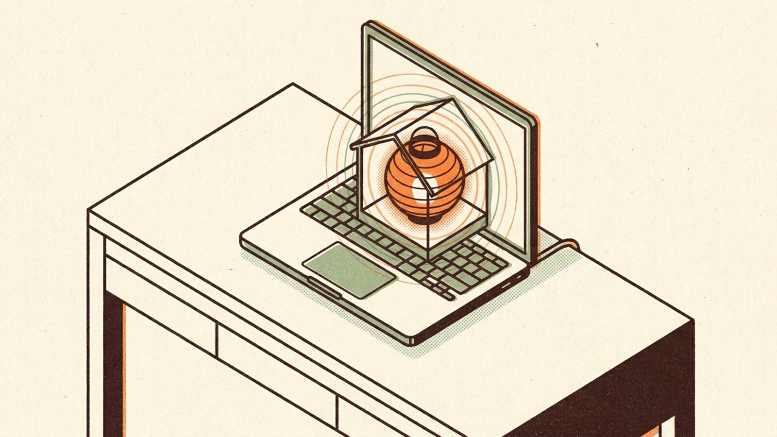 Isometric risograph illustration of a glowing lantern-like intelligence nested inside a laptop on a desk, signal rings contained, no cable leaving it — a model running privately and offline.