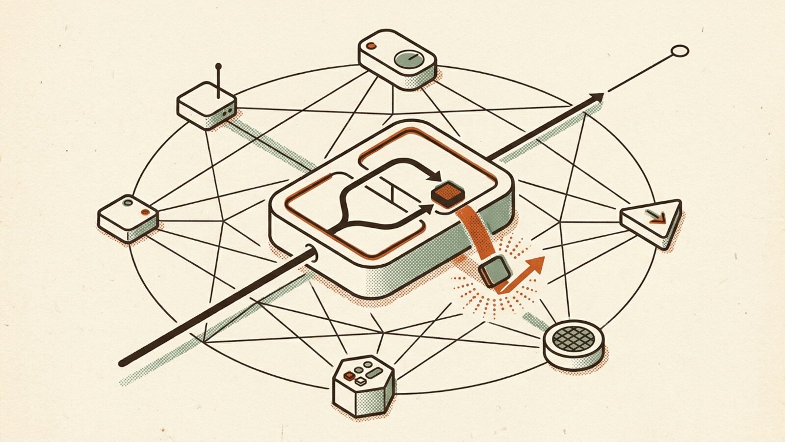 A central two-part node on a mesh of devices, passing clean requests to an upstream point and dropping a blocked one.