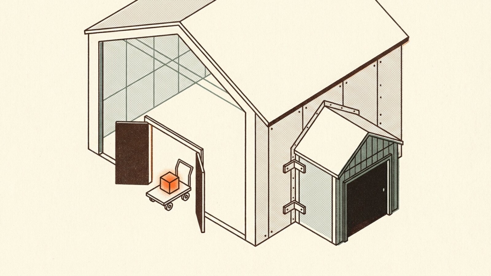 Isometric risograph illustration of two doors into the same building — one bolted onto the side as a separate outbuilding, the other already standing open inside the main hall — with a small glowing cube of intelligence being carried through the inner door: the platform you already own.