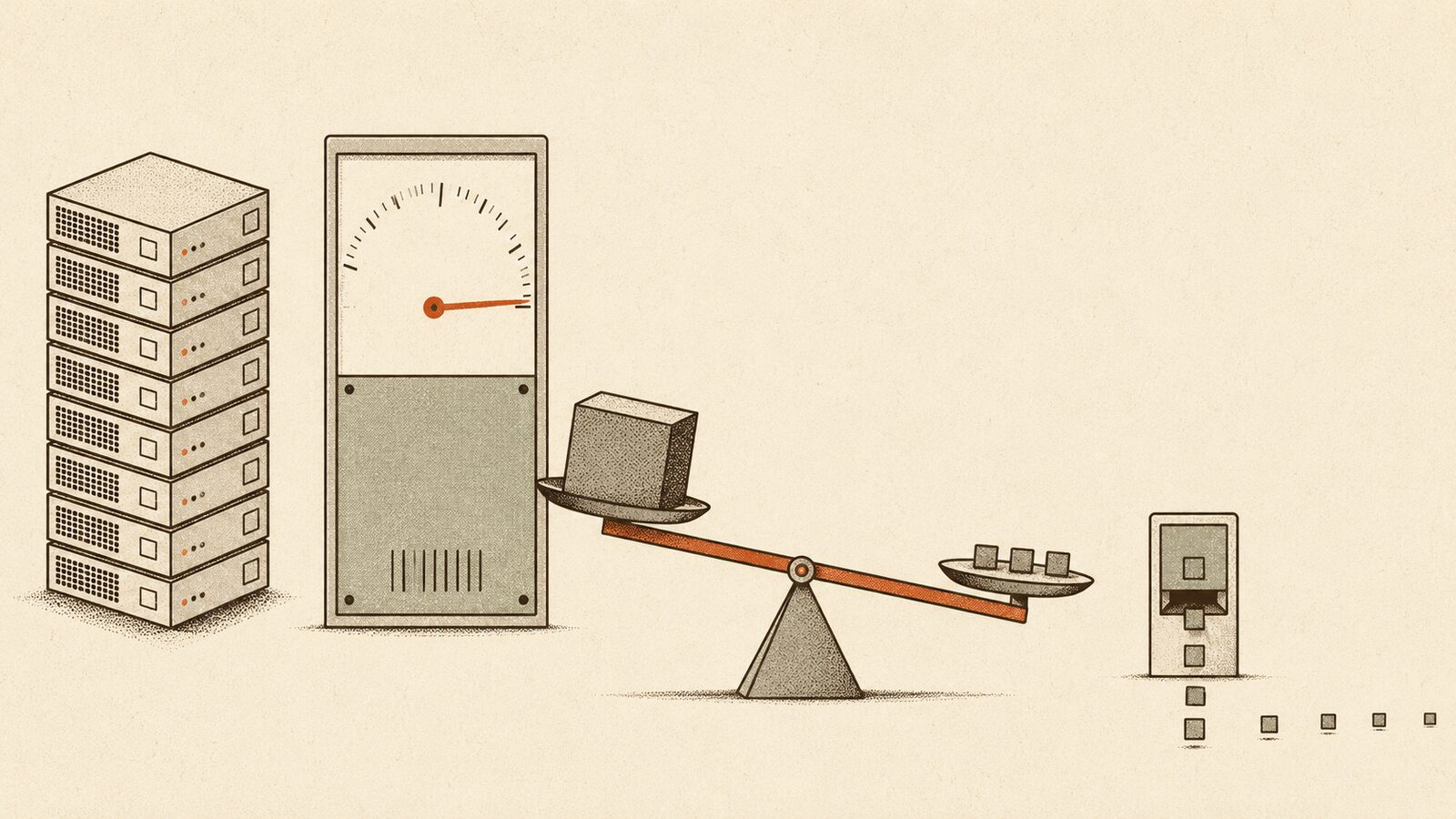 Risograph-style technical illustration: at left an isometric stack of eight server tiles beside a tall flat-front analogue meter whose ember-orange needle is swung hard to the right, at centre a beam balance tipped down toward the meter under a single heavy block while three small cubes sit on the raised pan, at right a small counter dispensing a thin single-file line of squares that thins as it travels.