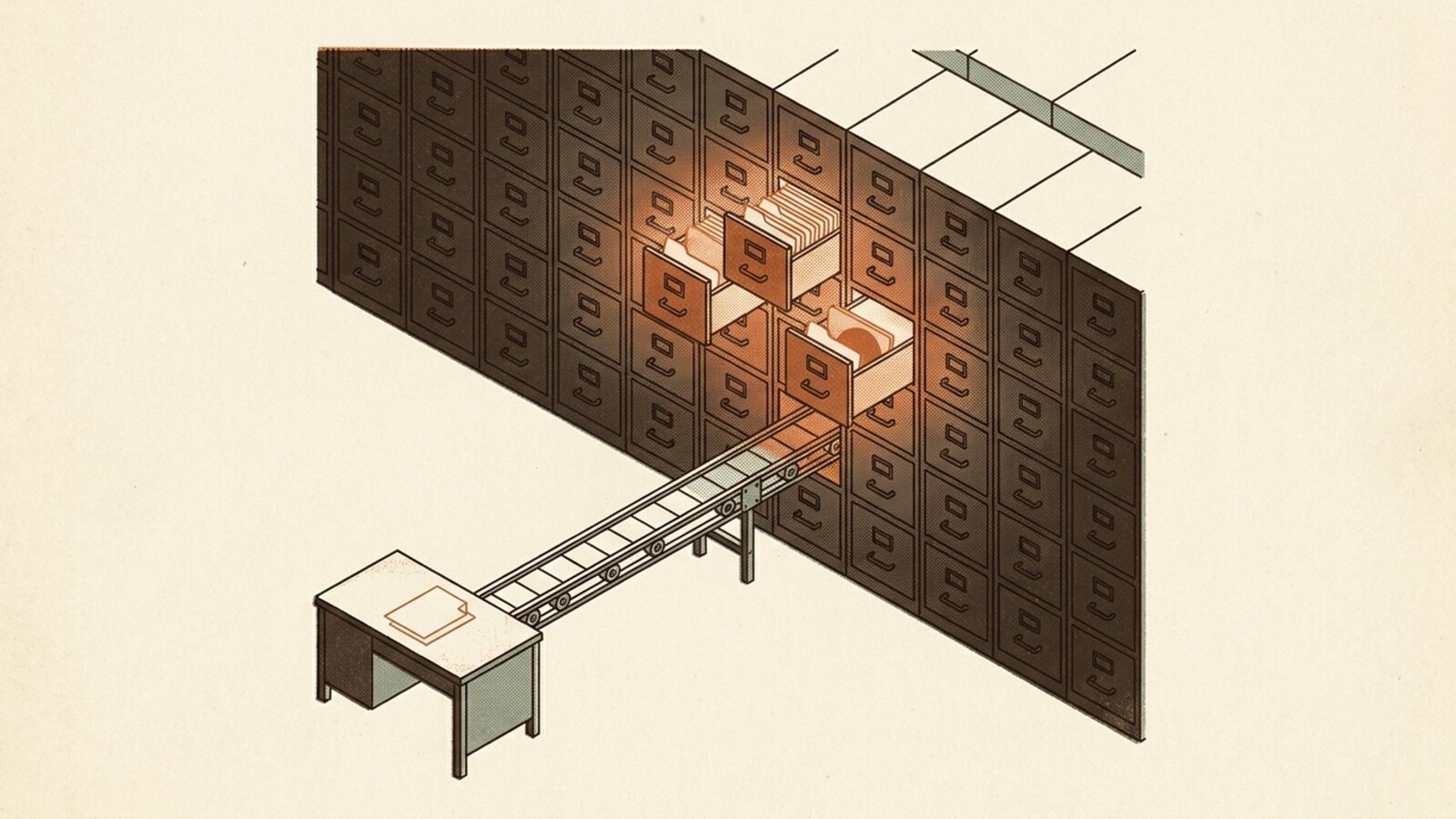 A vast wall of archive drawers with only a few pulled open, feeding a single slow conveyor to one small desk.