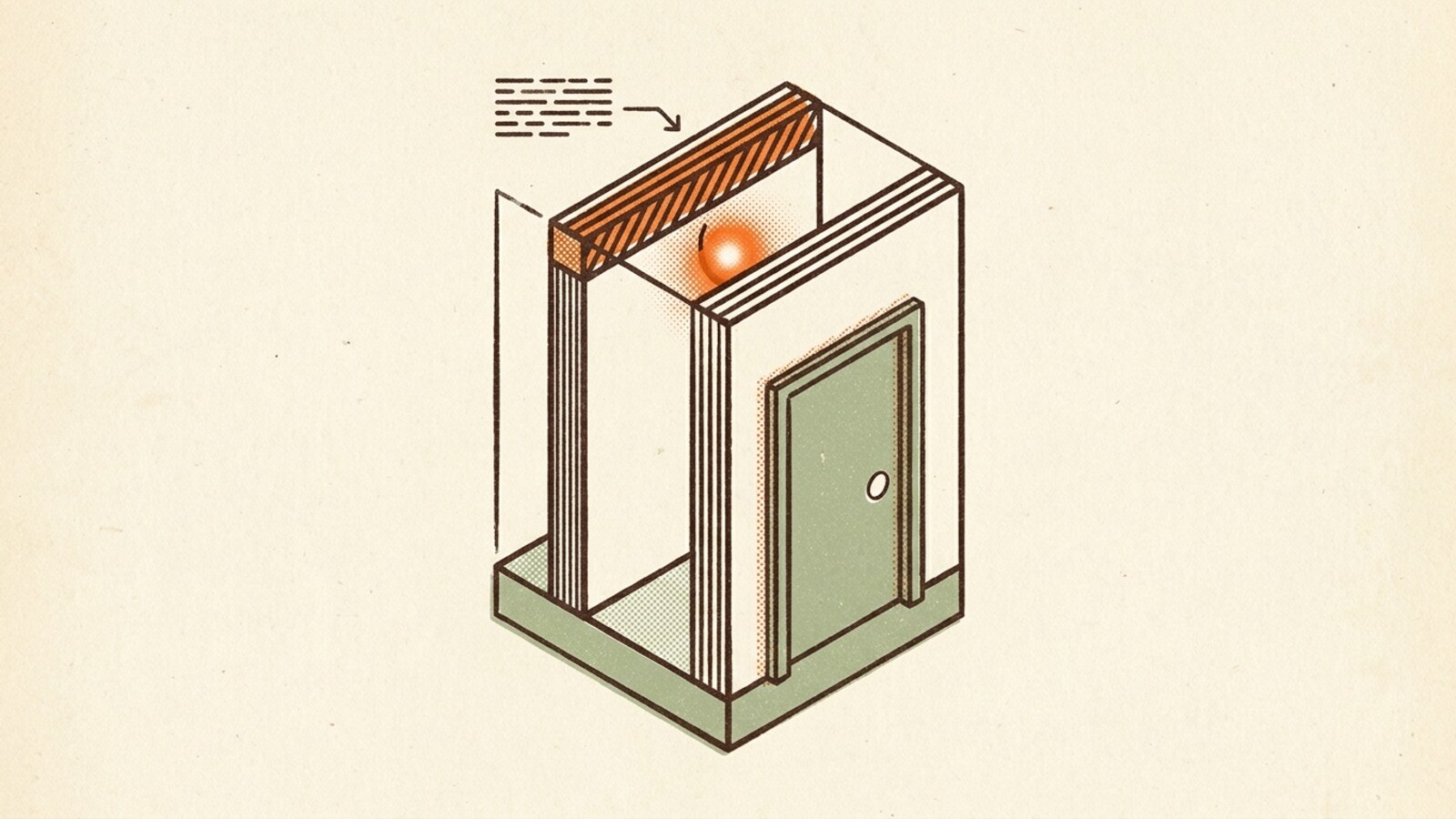 Isometric risograph illustration of a small glowing intelligence rising in a shaft and pressing against a firm ruled ceiling it cannot pass, with a sealed door in the side wall — a speed limit reached and a route not yet open.