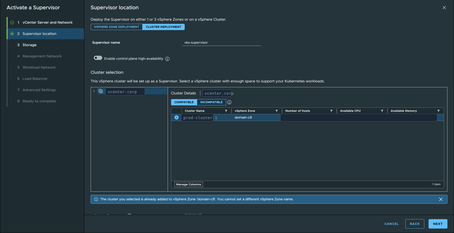 The Activate Supervisor wizard, pointing the Supervisor at a vSphere cluster.