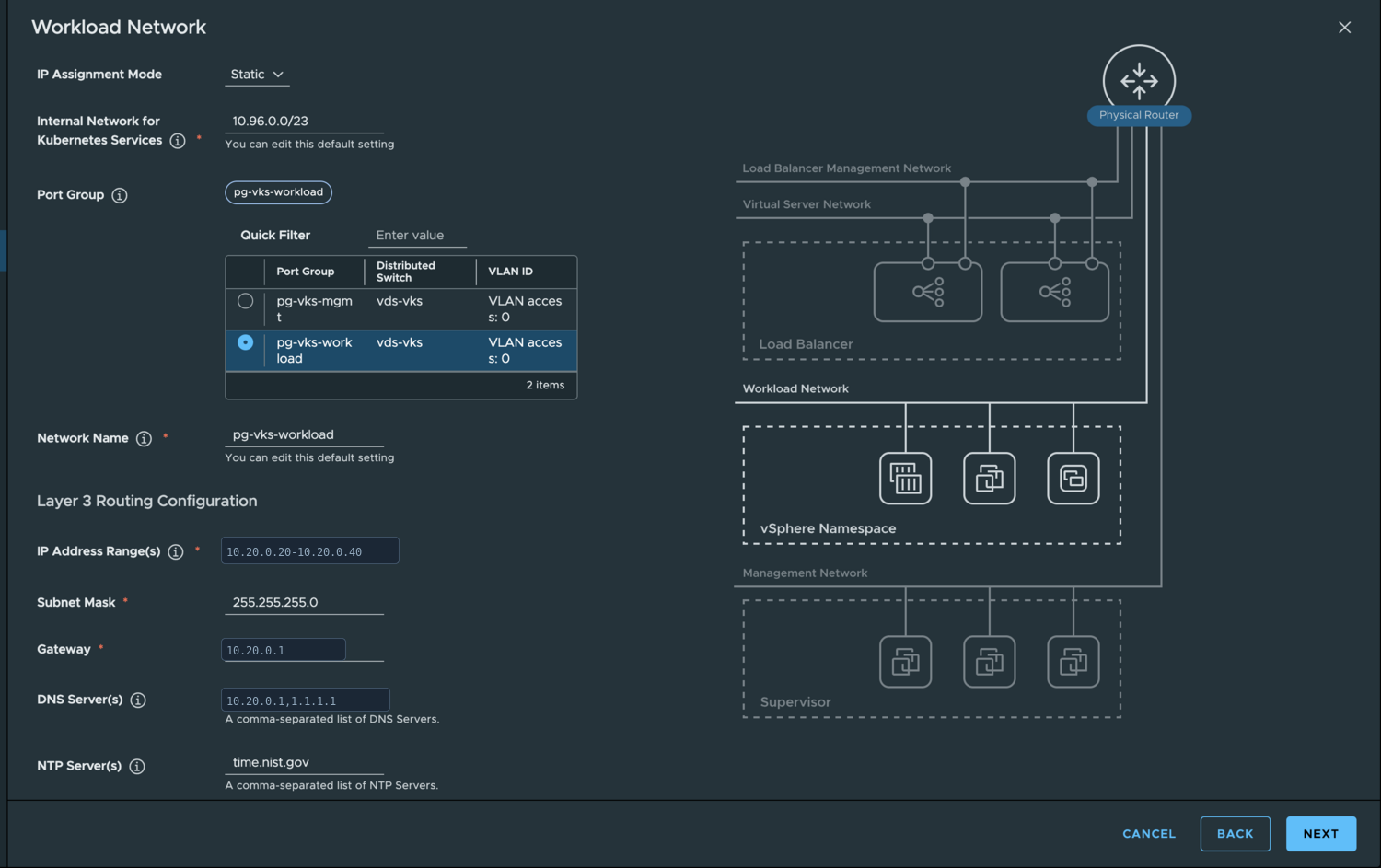 The Workload Network configuration page of the Supervisor enablement wizard.