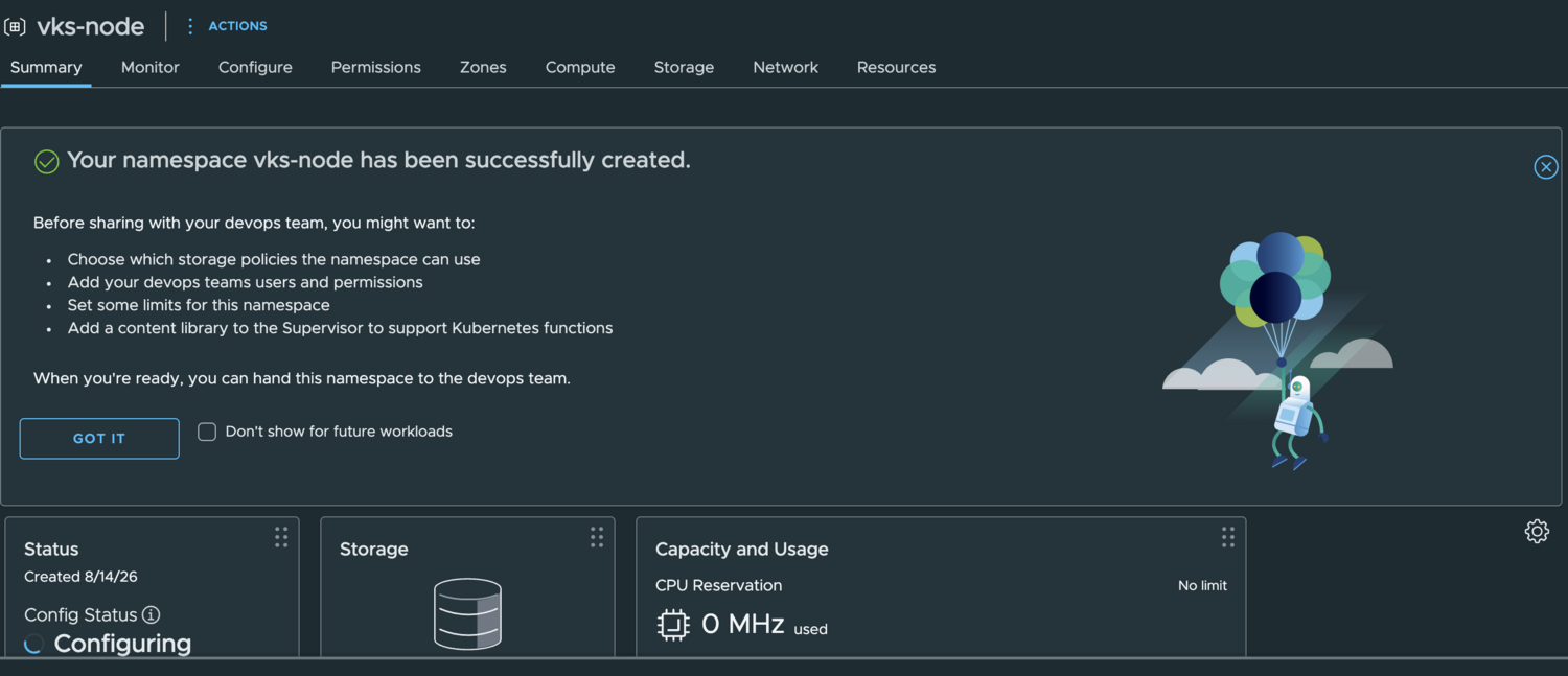 A vSphere Namespace successfully created, ready to hand to a team.