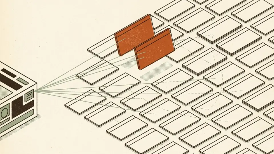 An index card catalog fanning selection lines out to a large field of blank cards, two of them lifted and highlighted.