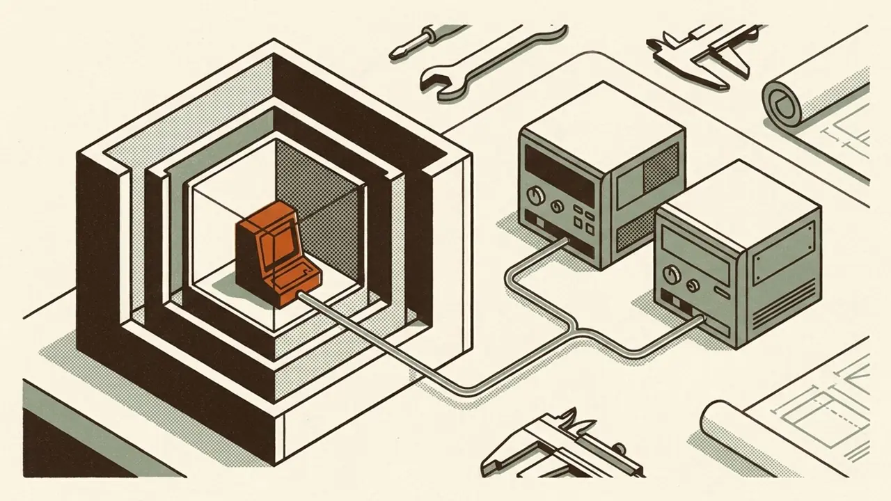 Editorial illustration of a small task workspace inside nested computer environments, connected to two separate compute systems.