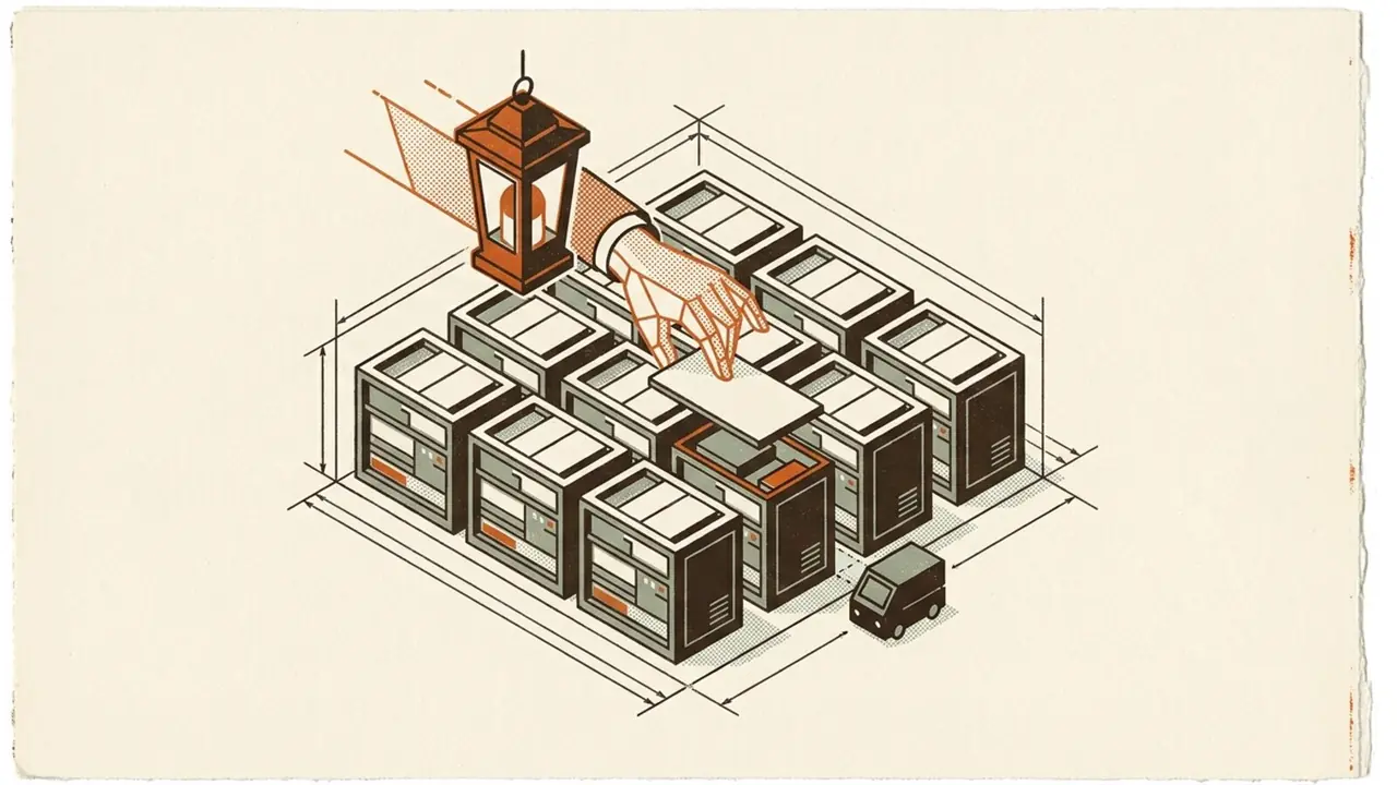 Isometric linework of an orchestrator above a small estate of servers, lifting the roof panel of one host while a single machine sits parked outside its slot, unable to get back in.