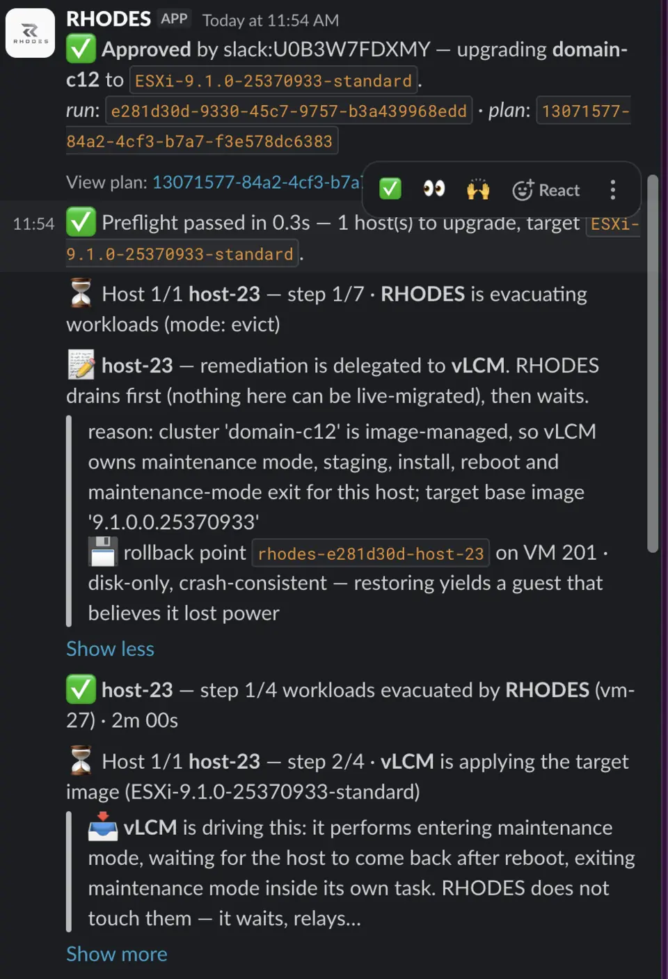 Slack thread showing the agent announcing that remediation is delegated to vLCM, that it drains first because nothing can be live-migrated, and naming the rollback point it took on the underlying virtual machine.