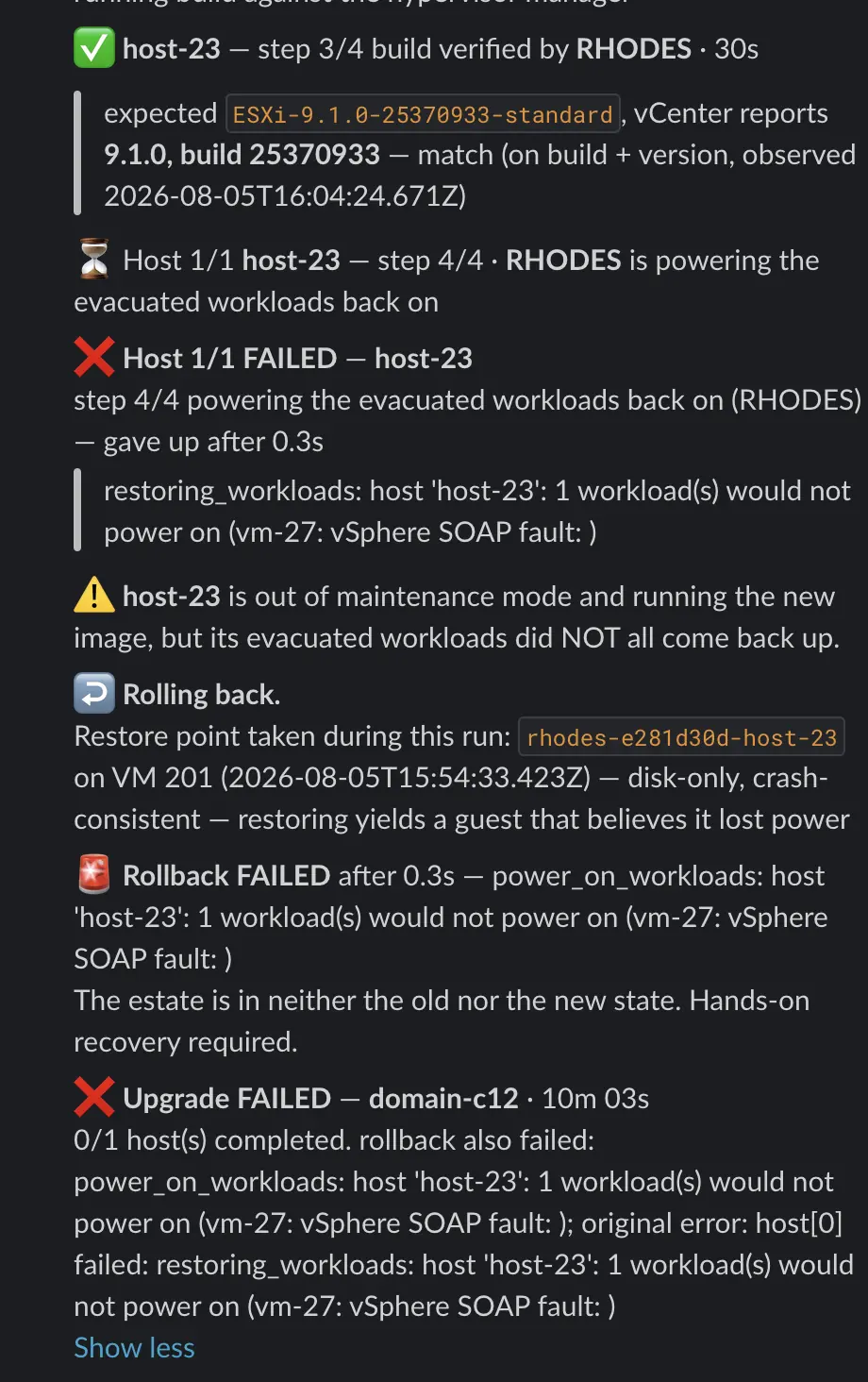 Slack thread showing the build verified against vCenter, then step four of four failing to power the workload back on, then the rollback failing for the same reason.