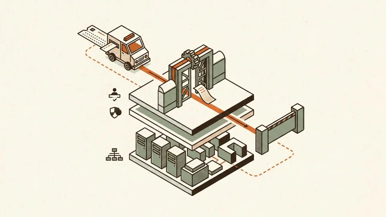 A mechanical agent approaches a permission checkpoint above segmented servers; an approved orange route continues while another ends at a closed barrier.