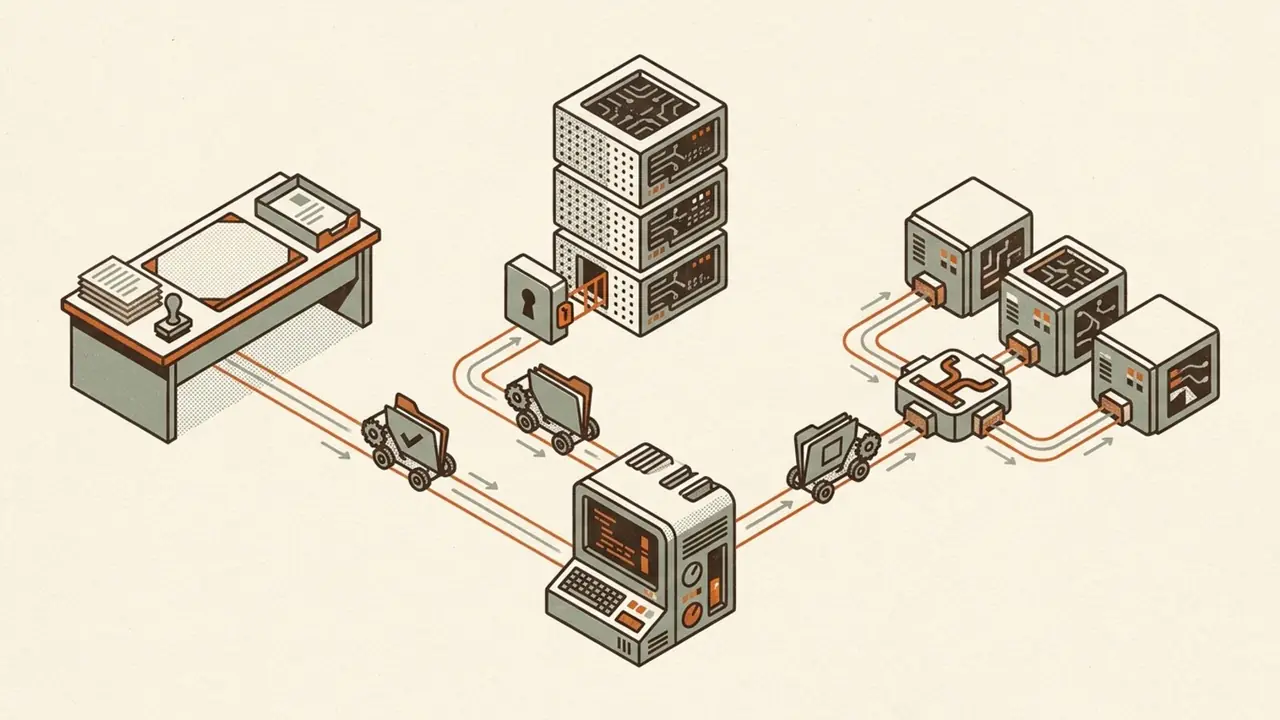 A compact local AI computer connects to a writing desk, segmented server racks, and an application delivery station in a warm technical illustration.