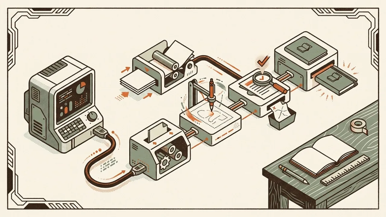 Illustration of a local AI computer supporting an editorial workflow beside an open notebook.