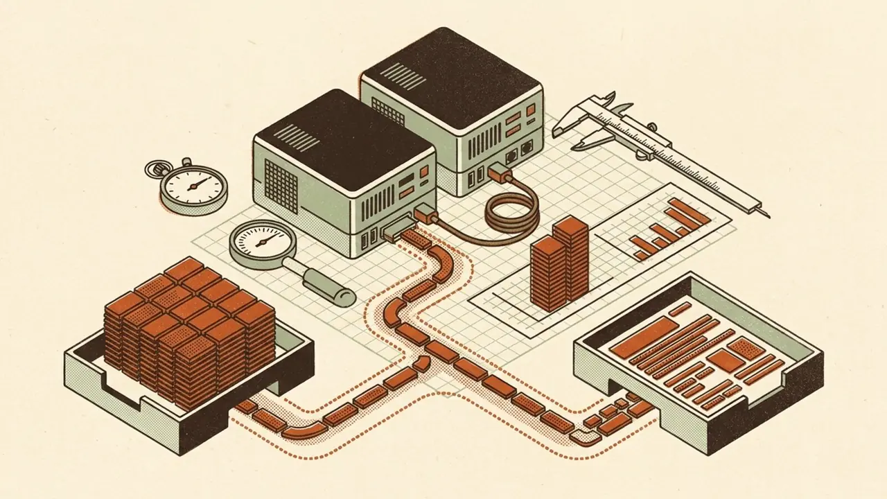 Two compact desktop AI computers linked by a single cable on a workbench, surrounded by measuring instruments, in a warm technical illustration.