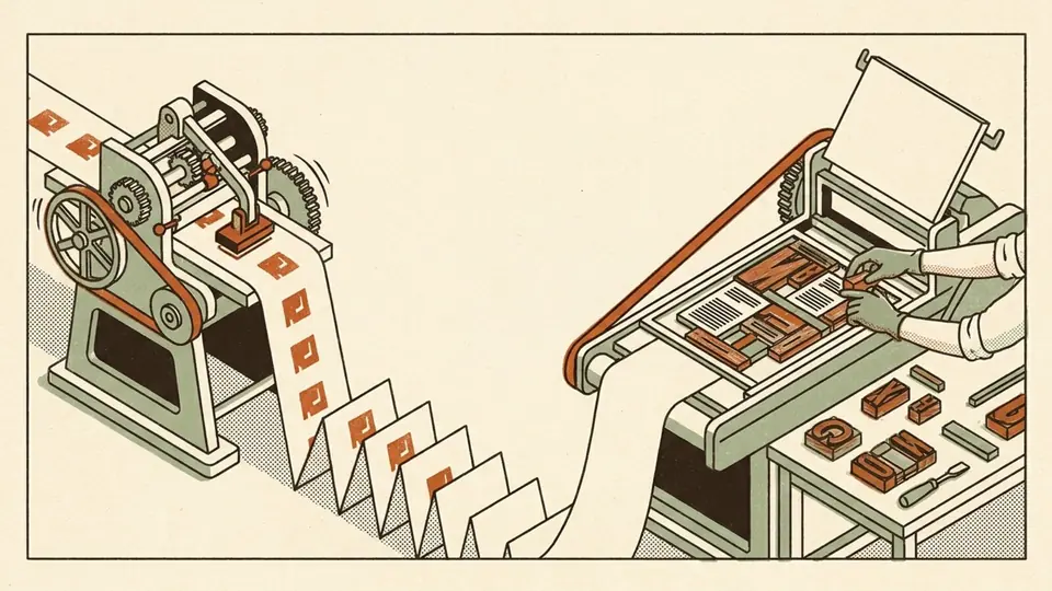 A fast stamping press repeating the same mark beside a slower hand-set printing press composing a full page, in a warm technical illustration.
