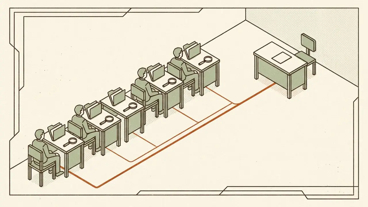 Six identical desks in a calm isometric office, each with a seated figure and an open folder, an ember line running from all of them to one empty chair with a single note on it.