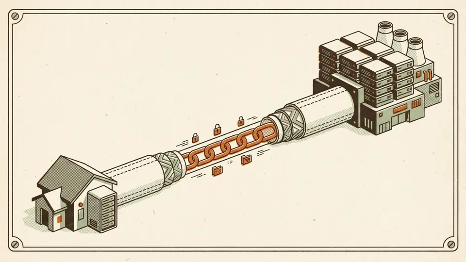 Isometric technical diagram: a home and its server joined to a distant data center through a single encrypted, padlocked channel, with empty negative space all around it.
