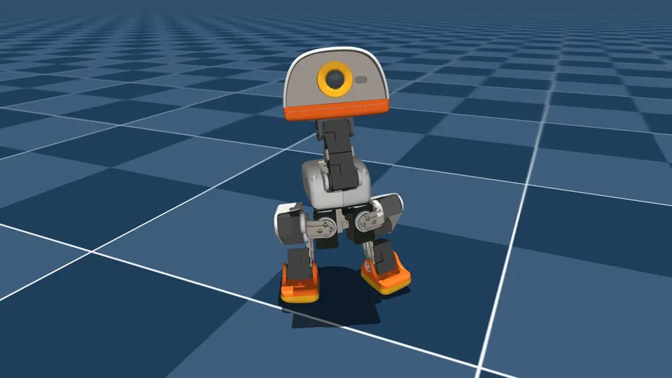 A small white and orange two-legged robot duck with one round eye, walking on a blue checkered floor in a physics simulator.