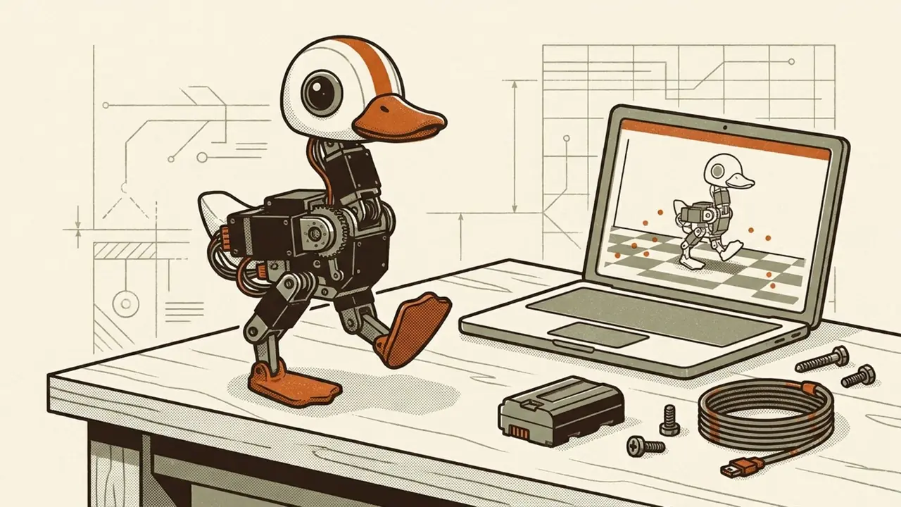 Illustration of a small two-legged robot duck walking across a workbench next to a laptop showing the same duck in a physics simulation, with a camera battery, cable and screws nearby.