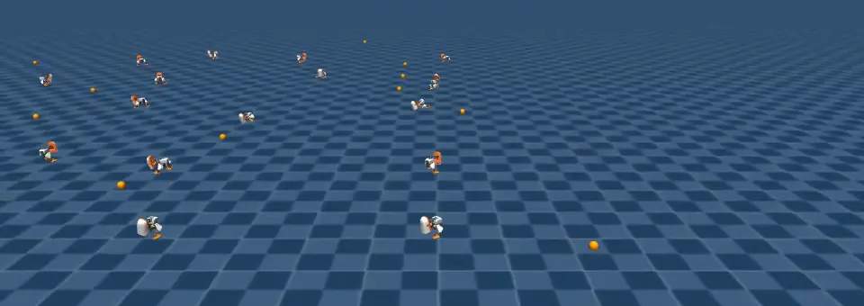 Dozens of small simulated robot ducks spread across a checkered floor, each kicking its own orange ball.