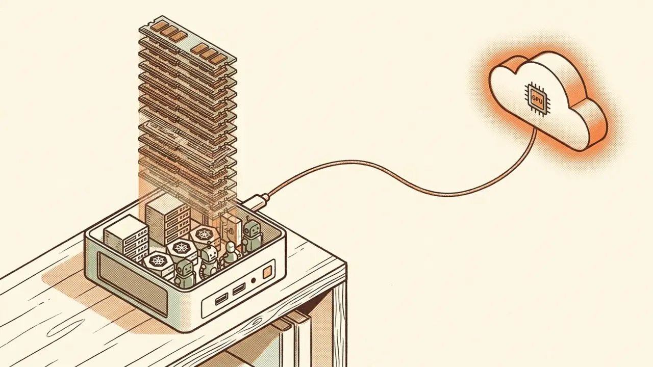 A small mini-PC opened up to reveal far more memory and a whole private cloud than a box that size should hold.