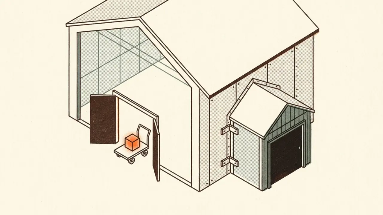 Isometric risograph illustration of two doors into the same building — one bolted onto the side as a separate outbuilding, the other already standing open inside the main hall — with a small glowing cube of intelligence being carried through the inner door: the platform you already own.