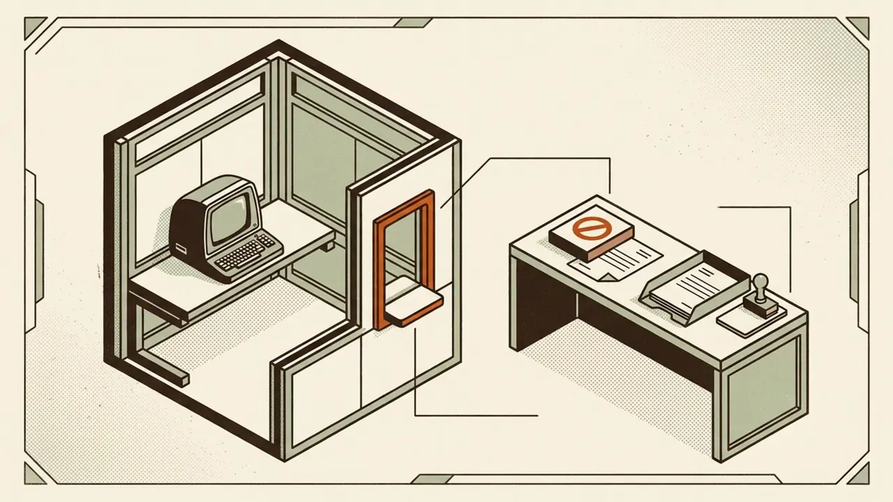 Editorial illustration of a small sealed workroom whose only window opens onto a checkpoint desk, where a request waits for a stamp.