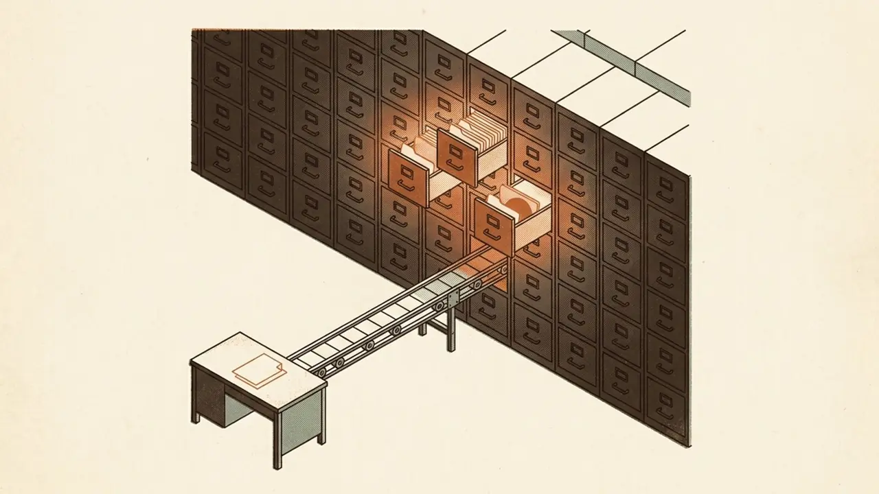 A vast wall of archive drawers with only a few pulled open, feeding a single slow conveyor to one small desk.