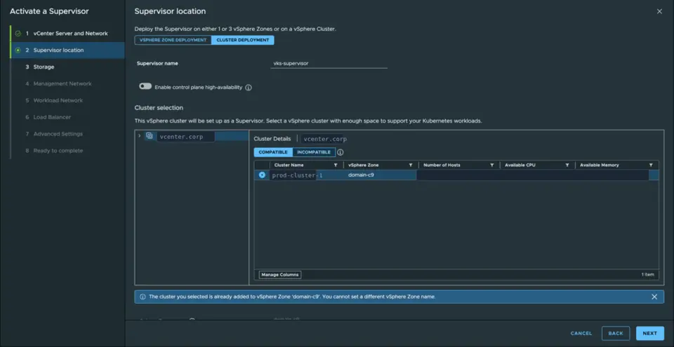 The Activate Supervisor wizard, pointing the Supervisor at a vSphere cluster.