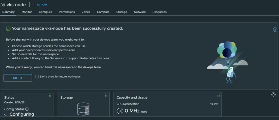A vSphere Namespace successfully created, ready to hand to a team.