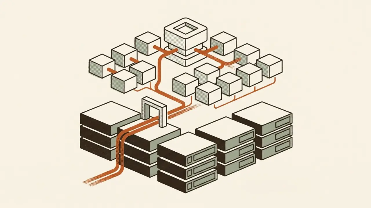 Isometric print illustration of layered private-cloud servers, a Kubernetes cluster, and an AI core connected through a rust-orange gateway.